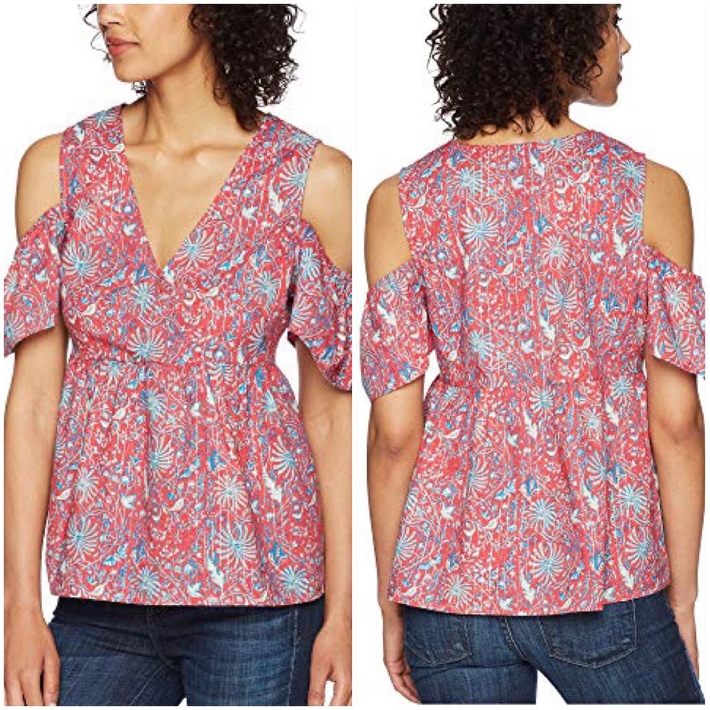 Lucky Brand Floral Cold Shoulders Top Short Sleeves Pink Sz L
